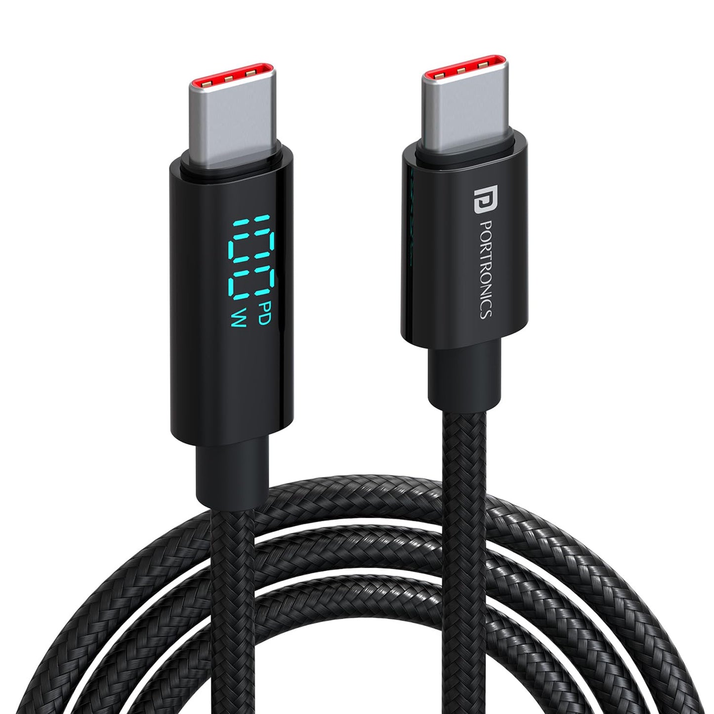 Portronics Konnect View 100W Type C to Type C Cable with LED Display with 5A Max Output, Fast Data Sync, 1.2M Length, Tangle Resistance supports Laptop Charging(Black)