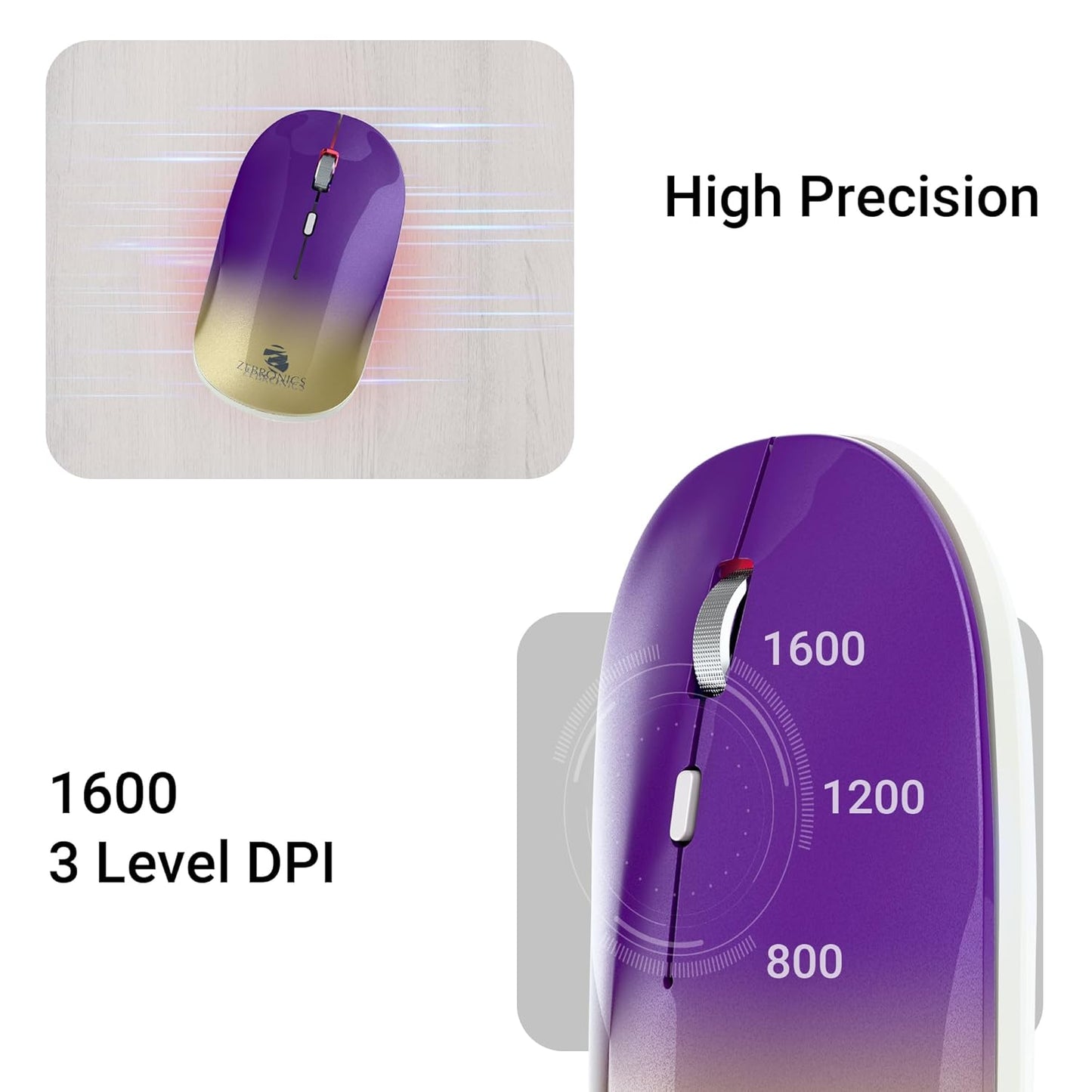 ZEBRONICS Poise Rechargeable Wireless Mouse, Dual Mode (2.4GHz + BT), Upto 1600 DPI, Silent Operation, 4 Buttons, Comfortable & Ergonomic, for Mac | Laptop | Computer (Gradient Purple)