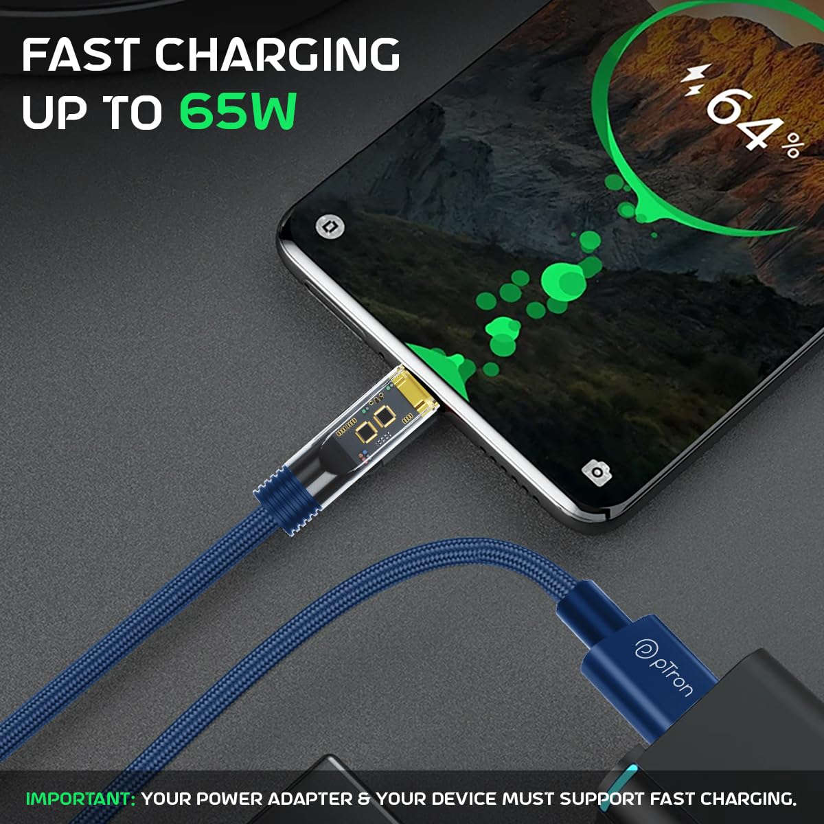 pTron Solero 65W USB to Type-C Super Fast Charging USB Cable Compatible with Samsung,OnePlus,Oppo,Vivo,Xiaomi,Realme & Other Type-C Devices, Unbreakable Nylon Braid, 480Mbps Data Sync (1m, Bold Blue)