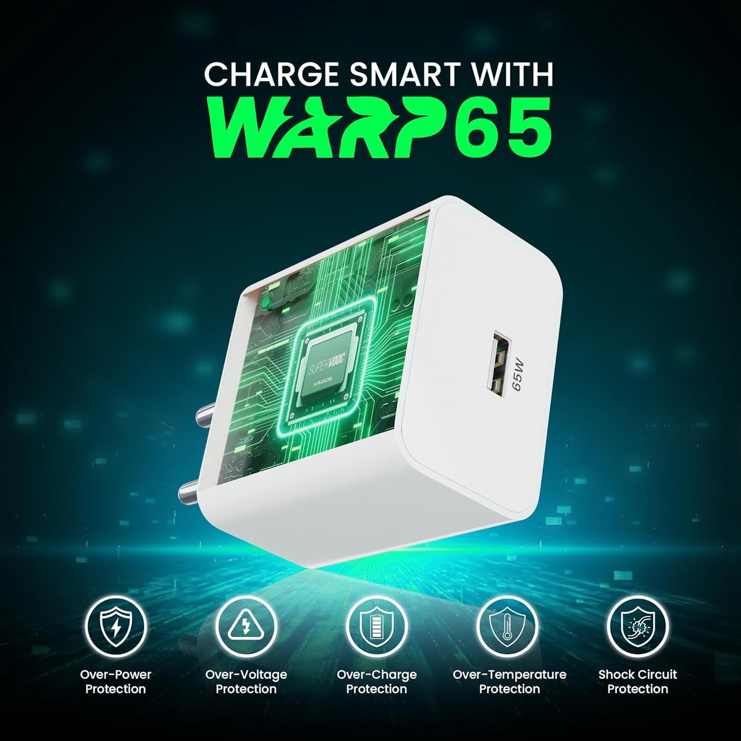 Kratos Power Max 65W Fast Charger & USB A to Type C Cable Combo,Supports Warp, SuperVOOC, Dash, Fast & Super Fast Charging, Charger Adapter Designed for Oneplus & Other Type C Smartphones