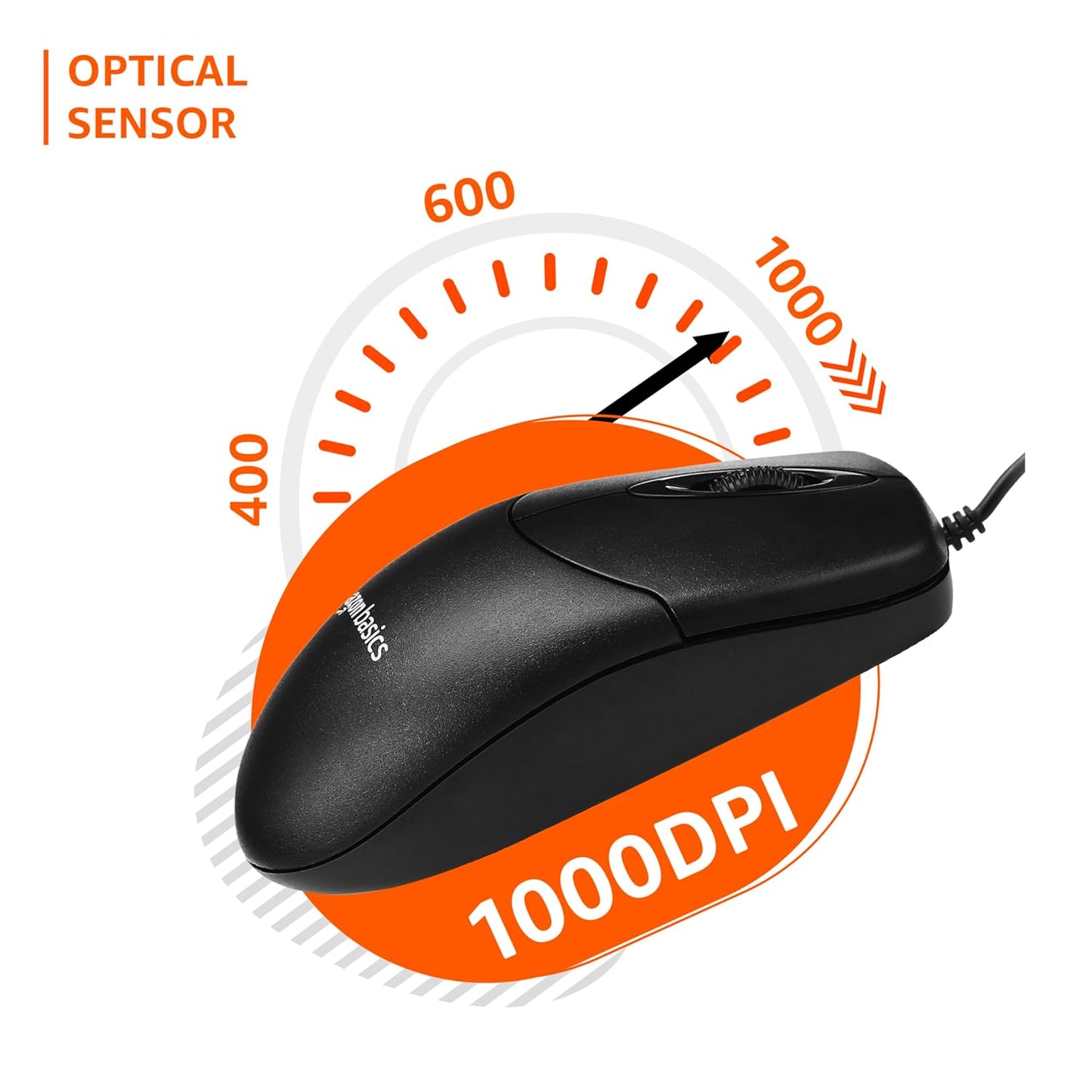 amazon basics Wired Mouse | 1000 DPI Optical Sensor | Plug and Play | Compatible with PC, Laptop (Black)