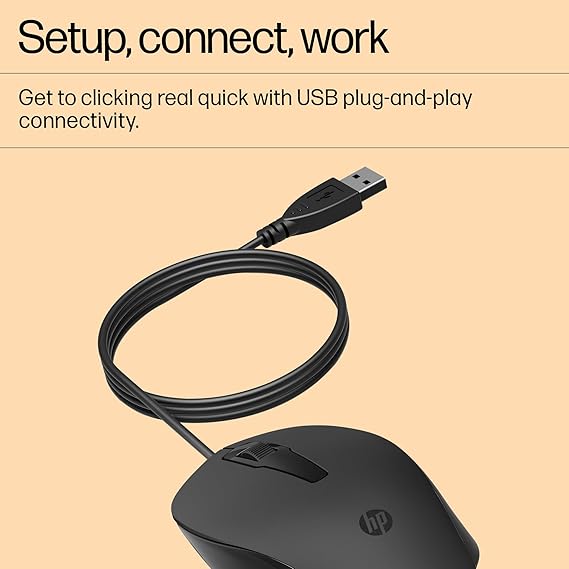 HP 150 Wired Mouse- Elegant Ergonomic Design, 1600 DPI Optical Tracking, USB Plug & Play / 3 Years Warranty (240J6AA), Black