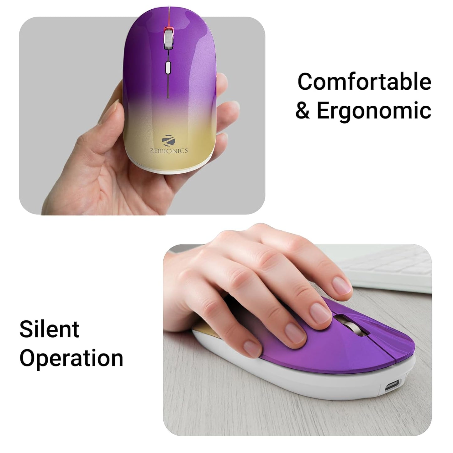 ZEBRONICS Poise Rechargeable Wireless Mouse, Dual Mode (2.4GHz + BT), Upto 1600 DPI, Silent Operation, 4 Buttons, Comfortable & Ergonomic, for Mac | Laptop | Computer (Gradient Purple)