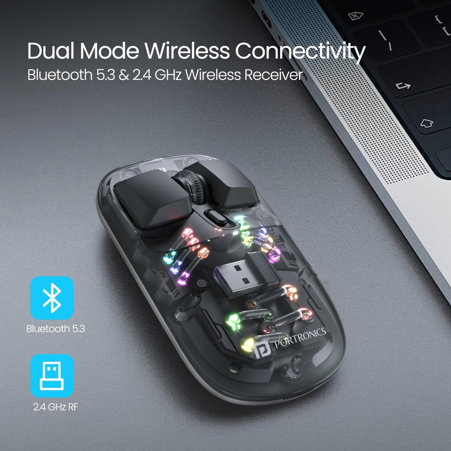 Portronics Toad 5 Transparent Bluetooth Mouse with 2.4 GHz & BT 5.3 Dual Wireless, Rechargeable, RGB Lights, Connect 3 Devices, Sleek Design for Laptop, Smartphone, Tablet (Black)