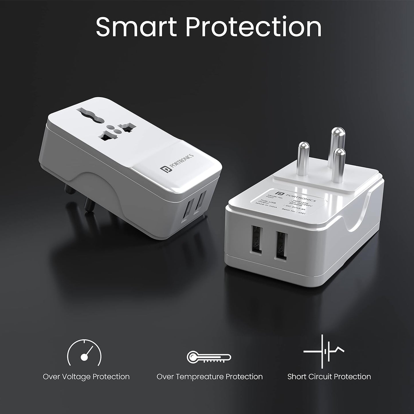 Portronics Adapto III Dual USB Adapter with 1 AC Power Socket 3.4Amp Total Output for Smartphones (White)