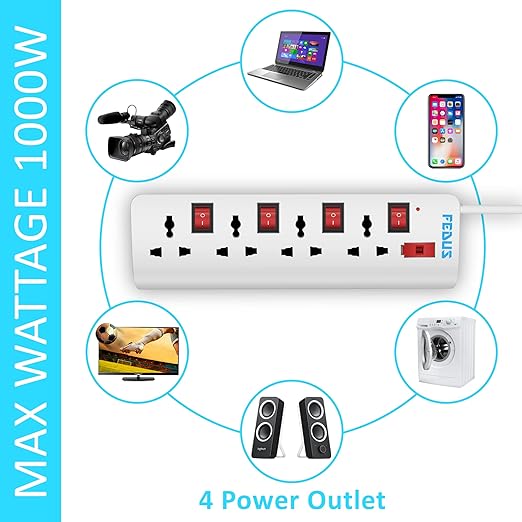 Fedus 5 Meter 16.4 Feet Long Extension Board with 4 International Socket Computer, Surge Protectors Spike Buster, 250 Volts, 6 Amp Max 1000 Watt Load, White