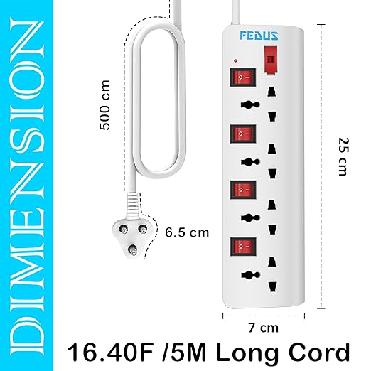 Fedus 5 Meter 16.4 Feet Long Extension Board with 4 International Socket Computer, Surge Protectors Spike Buster, 250 Volts, 6 Amp Max 1000 Watt Load, White