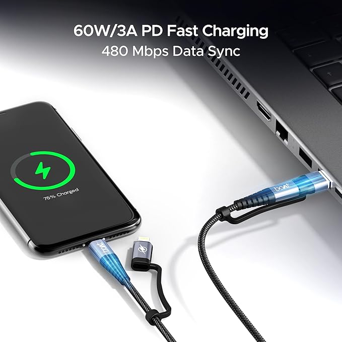 boAt FlexiCharge 400 Charging Cable w/ 4-in-1 Connectivity- USB-A, Type-C, & Lightning Ports, 60W/3A PD Fast Charging,480Mbps Data Sync,2 Swappable Heads,Silicon Cable Tie(Carbon Black)