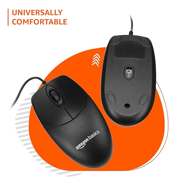 amazon basics Wired Mouse | 1000 DPI Optical Sensor | Plug and Play | Compatible with PC, Laptop (Black)