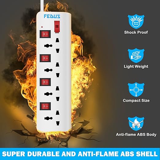 Fedus 5 Meter 16.4 Feet Long Extension Board with 4 International Socket Computer, Surge Protectors Spike Buster, 250 Volts, 6 Amp Max 1000 Watt Load, White