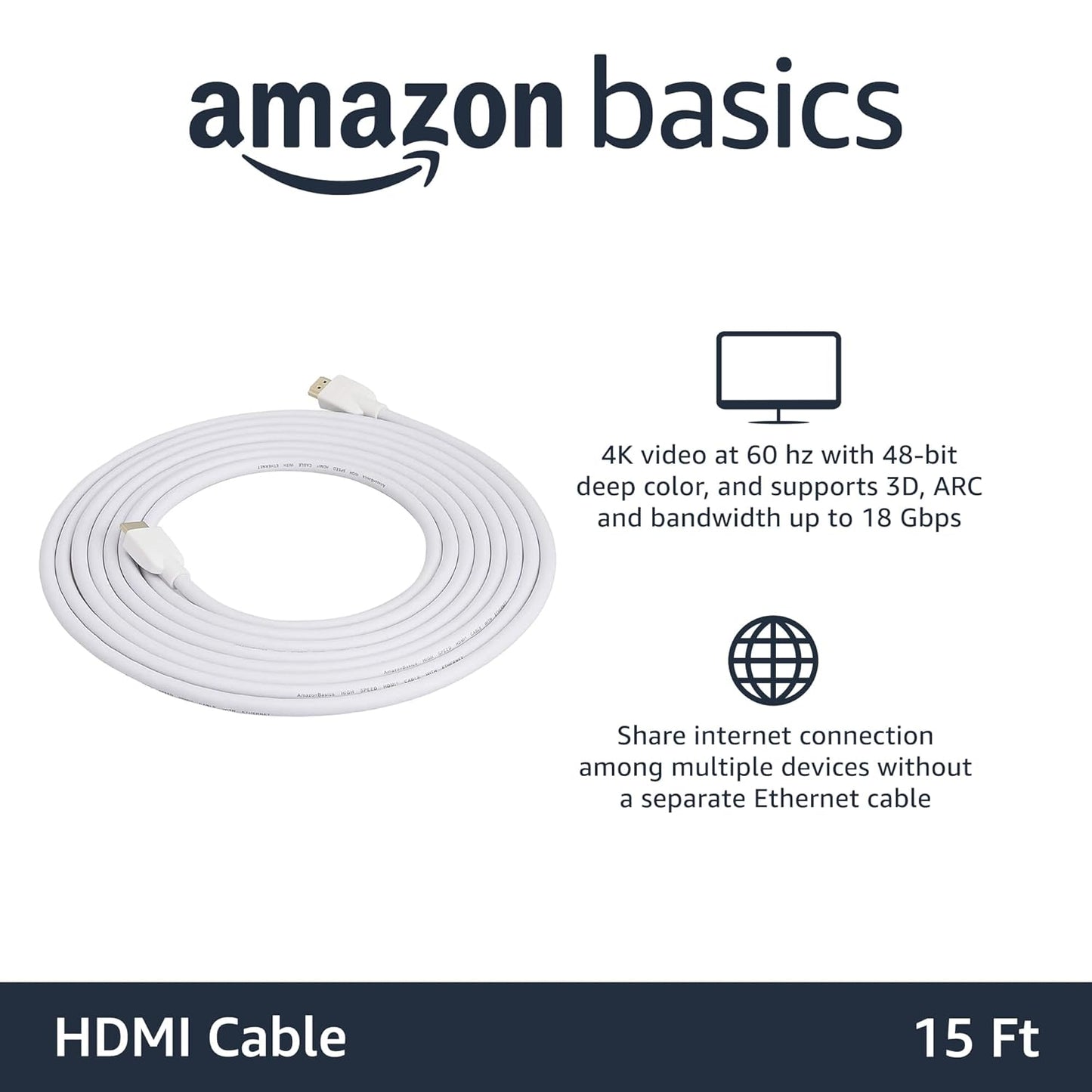 amazon basics High Speed 1.4B Hdmi Cable - Supports Ethernet,Full Hd 3D,4K Hdr And Arc (4K@60Hz,18Gbps) - 15 Foot,White