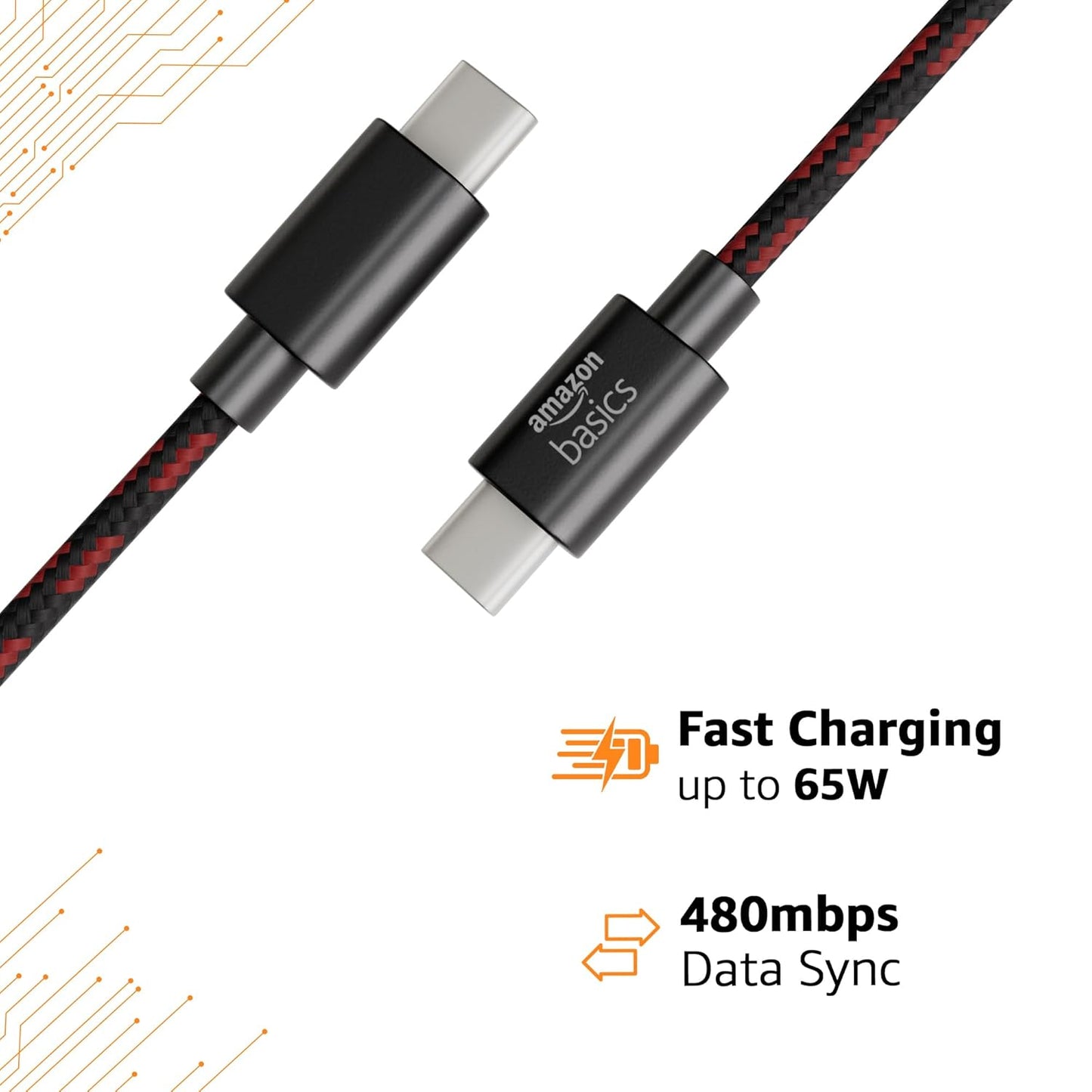 amazon basics Braided Type C to C Cable 60W Fast Charging Cable with 480 Mbps Data Transfer Speed | 1.2m, Tangle Free Cable