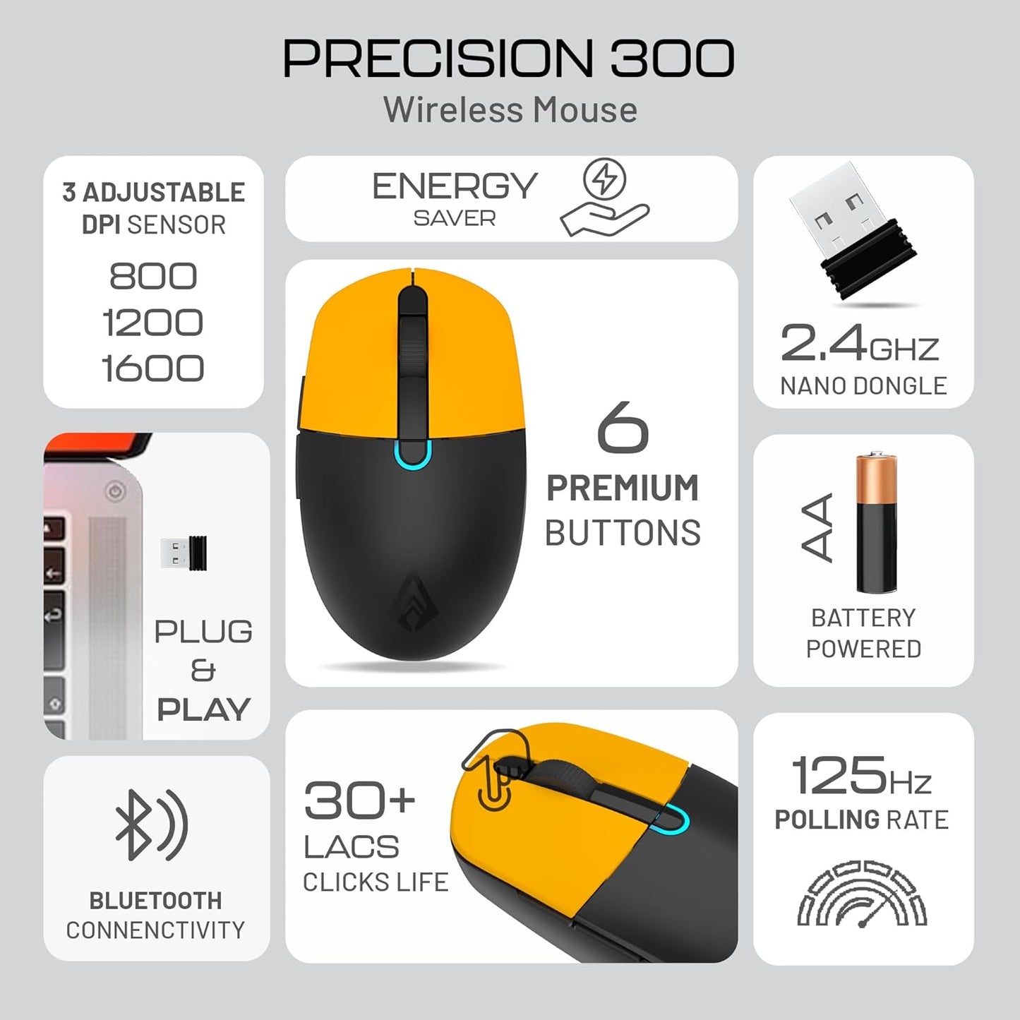 Archer Tech Lab Precision 300 Wireless Mouse, Dual Mode Bluetooth 5.3/2.4GHz USB Nano Dongle 10M Range,3 DPI Settings (800-1200-1600) 6 Button Ergonomic Design,3 Million Clicks,Lightweight 63gm