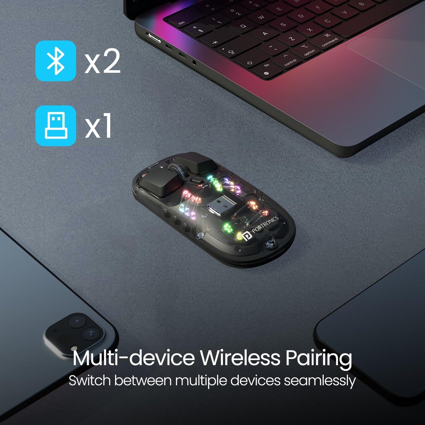 Portronics Toad 5 Transparent Bluetooth Mouse with 2.4 GHz & BT 5.3 Dual Wireless, Rechargeable, RGB Lights, Connect 3 Devices, Sleek Design for Laptop, Smartphone, Tablet (Black)