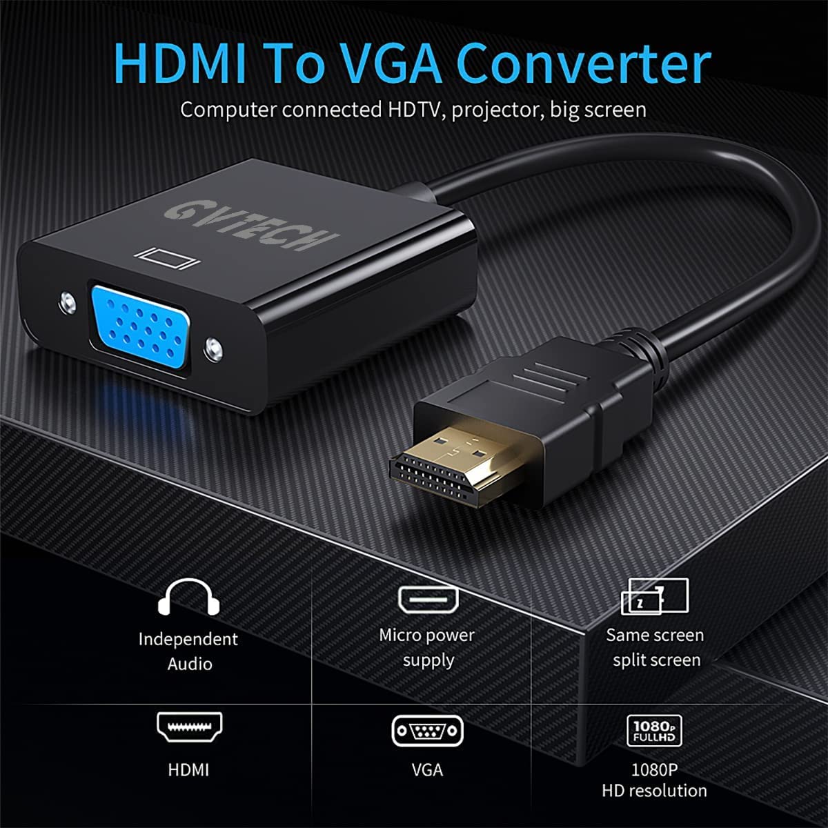 Tobo HDMI to VGA, Gold-Plated HDMI to VGA Adapter (Male to Female) Compatible for Computer, Desktop, Laptop, PC, Monitor, Projector, HDTV, Chromebook, Raspberry Pi, Roku, Xbox and More Black (TD-475H)