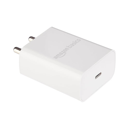 Amazon Basics 25W Compact Wall Charger | Type-C Fast Charging Adapter for Samsung, Xiaomi Phones and iPhone (White, Without Cable)