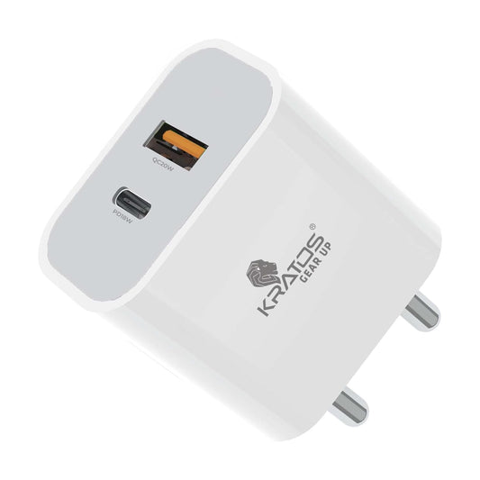 Kratos Power 45W Fast Charger Adapter with Dual Output (USB + Type C) Supports PD Charging via Type C Port, Designed for Apple Charger, Samsung, Mi, Redmi, Xiaomi, Oppo, Vivo and Other Smartphones