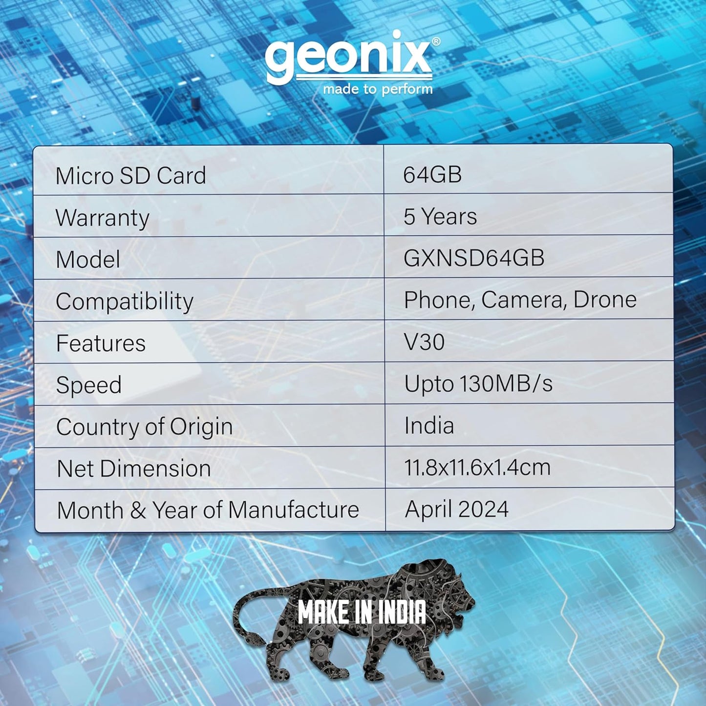 Geonix 64GB MicroSDXC, 150MB/s Read, 70MB/s Write, Memory Card, 5 Years Warranty