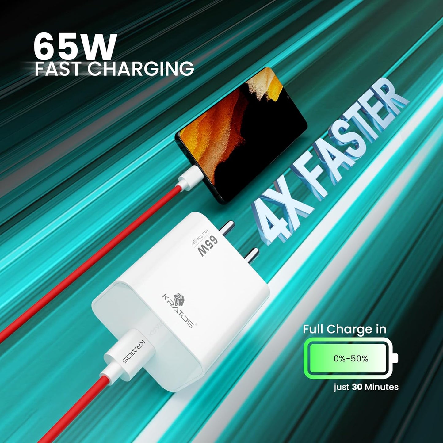 Kratos Power Max 65W Fast Charger & USB A to Type C Cable Combo,Supports Warp, SuperVOOC, Dash, Fast & Super Fast Charging, Charger Adapter Designed for Oneplus & Other Type C Smartphones