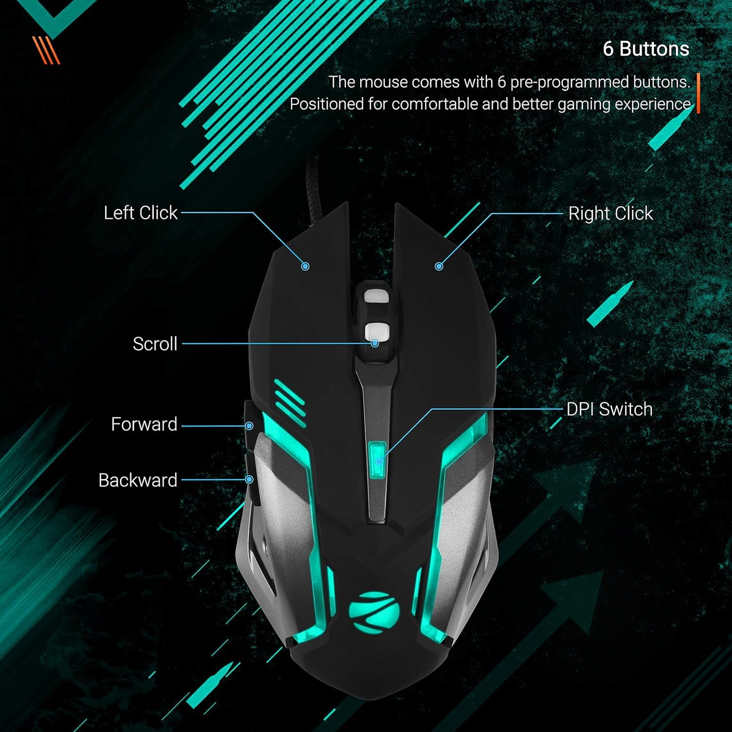 ZEBRONICS-Transformer-M with a High-Performance Gold-Plated USB Mouse: 6 Buttons, Multi-Color LED Lights,High-Resolution Sensor with max 3600 DPI, and DPI Switch(Black)