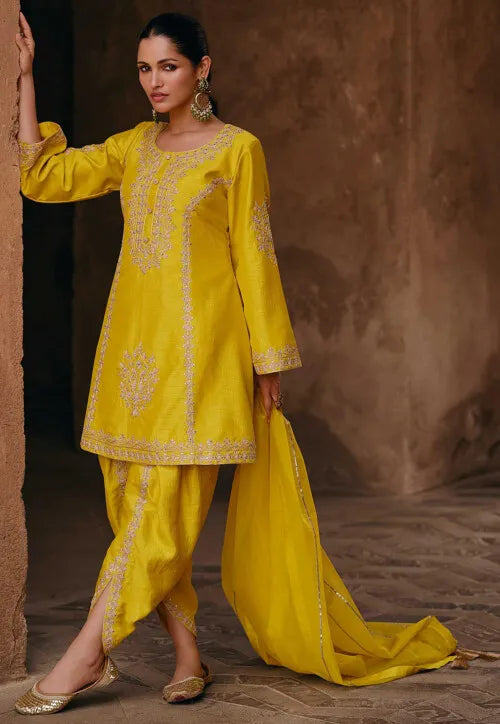 Embroidered Art Silk Punjabi Suit in Yellow