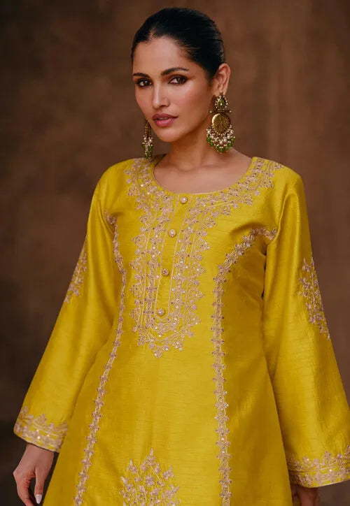 Embroidered Art Silk Punjabi Suit in Yellow