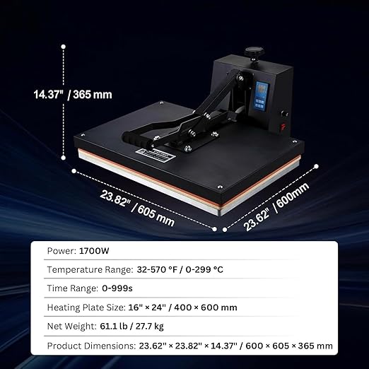 World Villo Heavy Duty Multi Purpose 15inch x 15inch Heat Press Machine (for Professional USE) for DTF,Sublimation,Vinyl,Screen Fusing |Use for Print Paper, Mug, Tshirt (Black Colour Body)