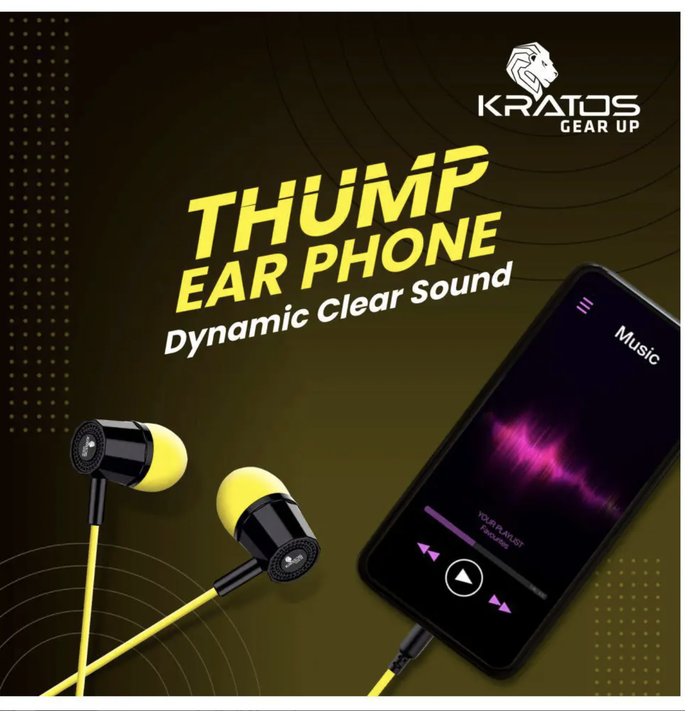 Kratos KR E02 Thump Ear Wired Earphone with Mic, Yellow