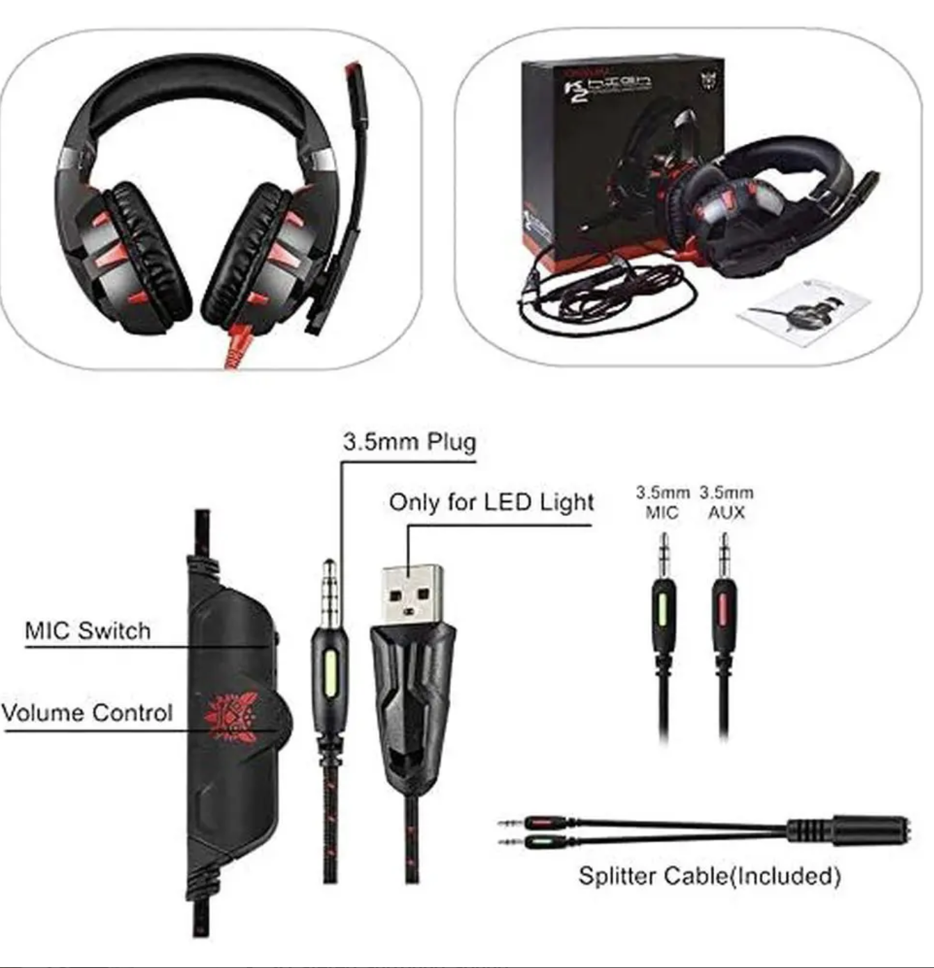 Onikuma K2 Pro Wired Gaming Headphone with 3D Stereo Surround Sound, Black and Red